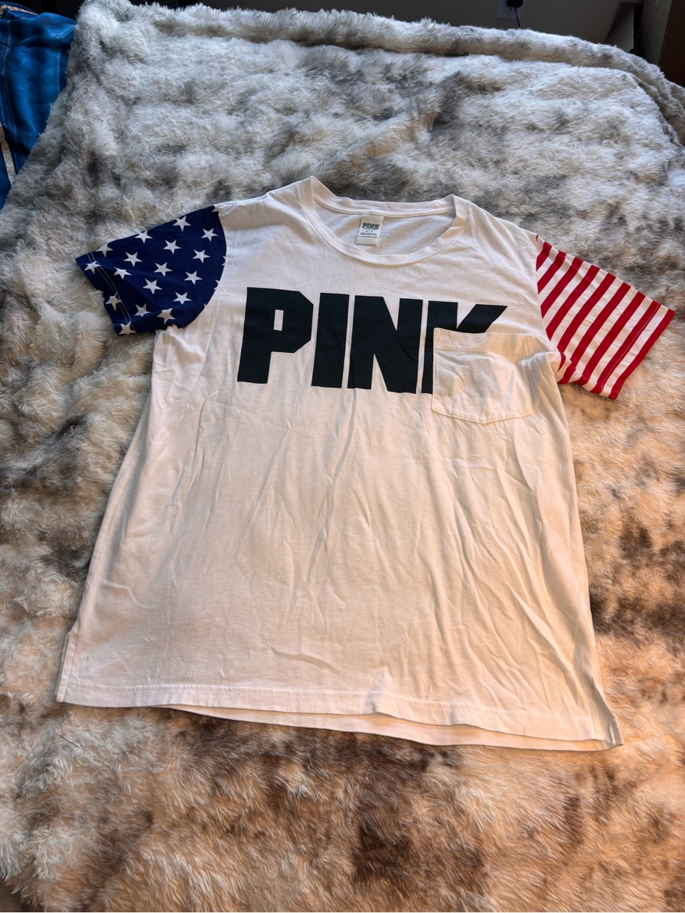 PINK Victoria's Secret White Tee with Stars & Stripes Sleeves
